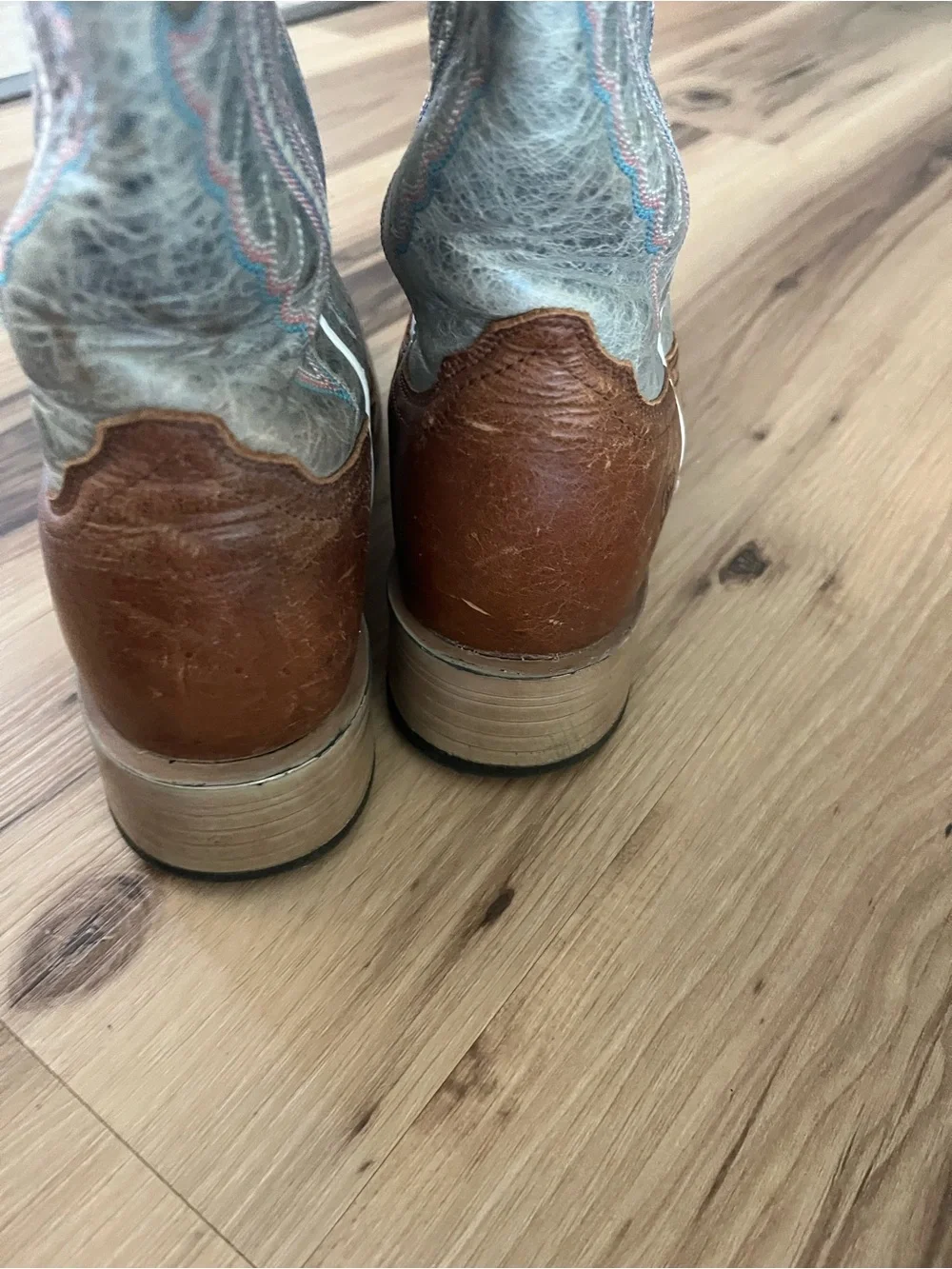 Ariat Women's Brown Blue Leather Western Boots Square Toe Pull On Mid-Calf 7b